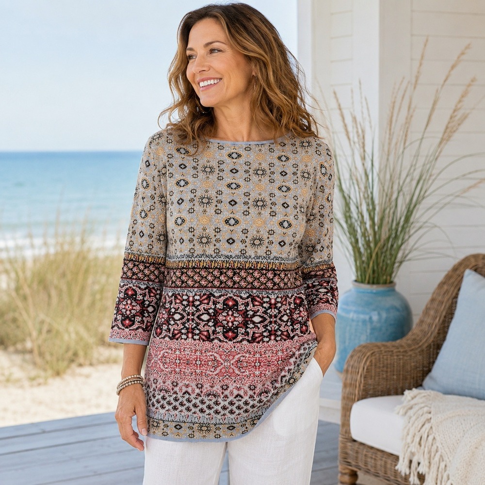 J. Jill Tapestry Knit Tunic Sweater Linen Blend Boho 3/4 Sleeve Women's S Petite